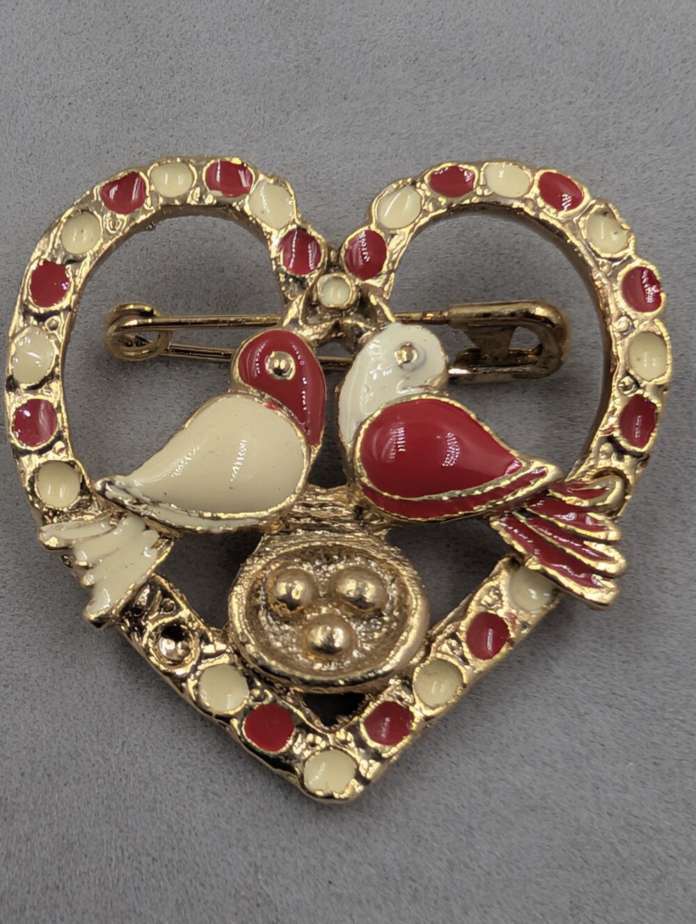 Lovebirds Heart Brooch Red Cream Enamel Nest | M233